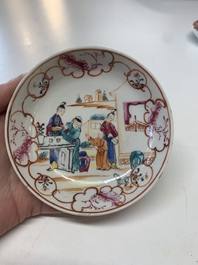 Eight Chinese Canton famille rose cups, 14 saucers and a teapot, Qianlong