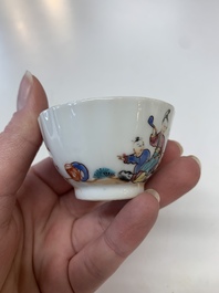 Eight Chinese Canton famille rose cups, 14 saucers and a teapot, Qianlong
