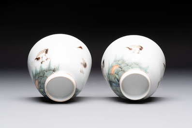 A pair of Chinese famille rose 'crane' cups and a 'dragon' brush pot, Guangxu mark, 20th C.