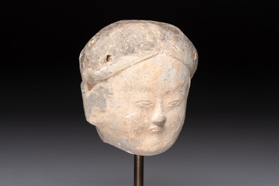 A Chinese cold painted terracotta head of a lady, Han