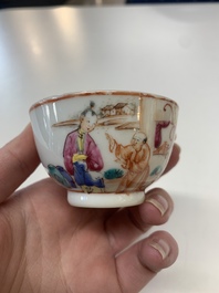 Eight Chinese Canton famille rose cups, 14 saucers and a teapot, Qianlong