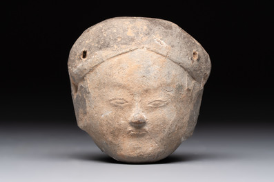 A Chinese cold painted terracotta head of a lady, Han