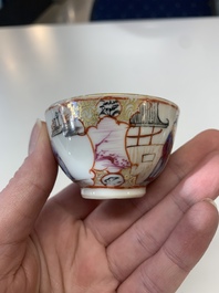 Eight Chinese Canton famille rose cups, 14 saucers and a teapot, Qianlong