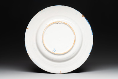 A blue and white Dutch Delft chinoiserie dish, 17th C.