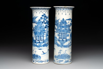 A Chinese blue and white garniture of five vases with landscape design, 19th C.
