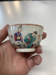 Eight Chinese Canton famille rose cups, 14 saucers and a teapot, Qianlong