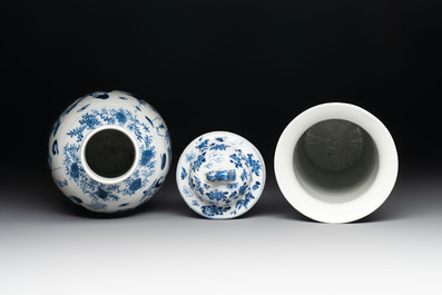 A Chinese blue and white garniture of four vases with figural design, Kangxi mark, 19th C.