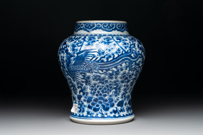 A Chinese blue and white vase, a jar and a covered box, Kangxi