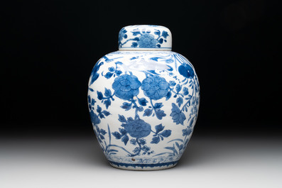 A Chinese blue and white 'birds among flowers' vase and cover, Kangxi