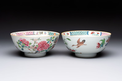 Two Chinese famille rose bowls with flowers and geese, Qianlong