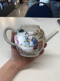 Eight Chinese Canton famille rose cups, 14 saucers and a teapot, Qianlong