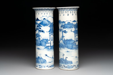 A Chinese blue and white garniture of five vases with landscape design, 19th C.