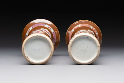 A Chinese famille rose capucin-brown-ground covered jar and a pair of beaker vases, Qianlong