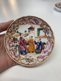 Eight Chinese Canton famille rose cups, 14 saucers and a teapot, Qianlong
