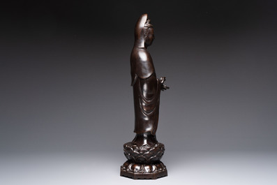 A Chinese bronze Guanyin standing on a lotus throne, 19th C.