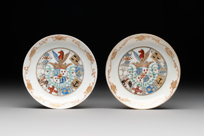 A pair of Chinese armorial cups and saucers with the arms of 'Van Reverhorst' for the Dutch market, Qianlong, ca. 1745