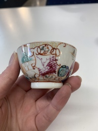 Eight Chinese Canton famille rose cups, 14 saucers and a teapot, Qianlong