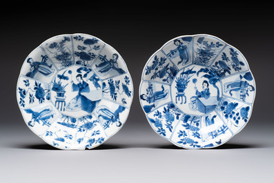 A pair of Chinese blue and white flower-shaped 'Long Eliza' plates, Kangxi