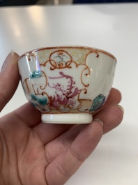 Eight Chinese Canton famille rose cups, 14 saucers and a teapot, Qianlong