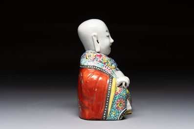 A Chinese famille rose Milefo Buddha and a white-glazed Milefo Buddha, 19th C.