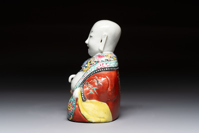A Chinese famille rose Milefo Buddha and a white-glazed Milefo Buddha, 19th C.