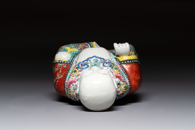 A Chinese famille rose Milefo Buddha and a white-glazed Milefo Buddha, 19th C.
