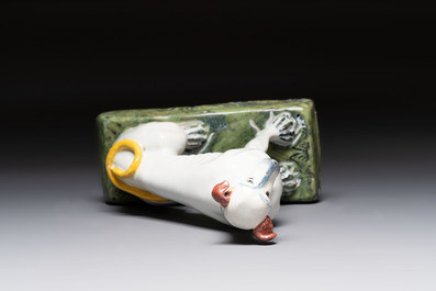 A polychrome Brussels faience greyhound, 18th C.