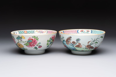 Two Chinese famille rose bowls with flowers and geese, Qianlong