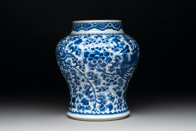 A Chinese blue and white vase, a jar and a covered box, Kangxi