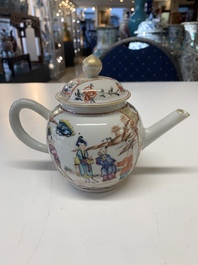 Eight Chinese Canton famille rose cups, 14 saucers and a teapot, Qianlong