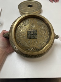 A large Chinese bronze 'Eight Immortals' censer and stand, Xuande mark, 19th C.