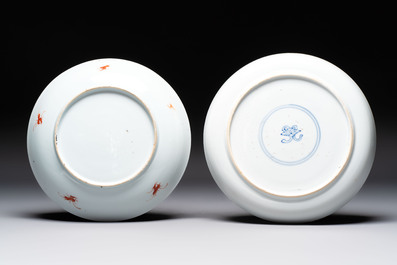 A Chinese gilt-decorated powder-blue plate and a famille verte plate with flowers, Kangxi/Qianlong