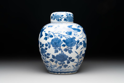 A Chinese blue and white 'birds among flowers' vase and cover, Kangxi