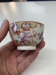 Eight Chinese Canton famille rose cups, 14 saucers and a teapot, Qianlong