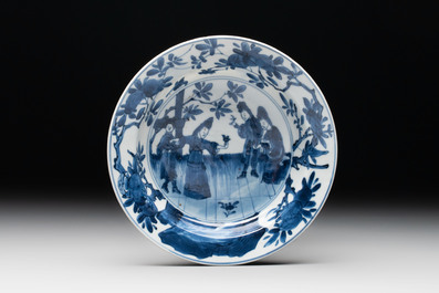 A Chinese blue and white 'Sense of Smell' plate and an 'Amorous Shepherds' plate, Kangxi