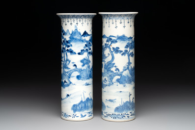A Chinese blue and white garniture of five vases with landscape design, 19th C.