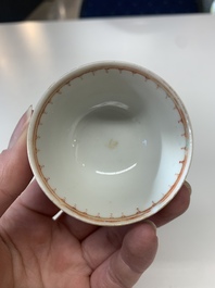 Eight Chinese Canton famille rose cups, 14 saucers and a teapot, Qianlong