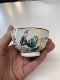 Eight Chinese Canton famille rose cups, 14 saucers and a teapot, Qianlong