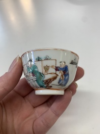 Eight Chinese Canton famille rose cups, 14 saucers and a teapot, Qianlong