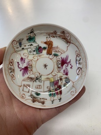 Eight Chinese Canton famille rose cups, 14 saucers and a teapot, Qianlong
