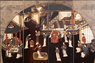 A Chinese coromandel lacquer four-panel folding screen with narrative and birds design, 20th C.