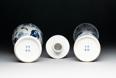 A Chinese blue and white garniture of four vases with figural design, Kangxi mark, 19th C.
