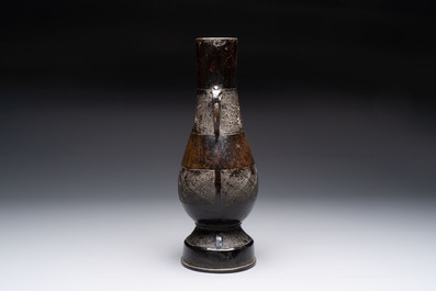 A fine Chinese archaistic bronze 'hu' vase with dragon handles, Yuan