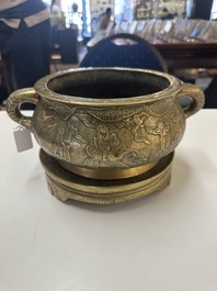 A large Chinese bronze 'Eight Immortals' censer and stand, Xuande mark, 19th C.