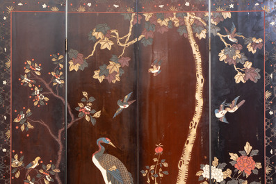 A Chinese coromandel lacquer four-panel folding screen with narrative and birds design, 20th C.