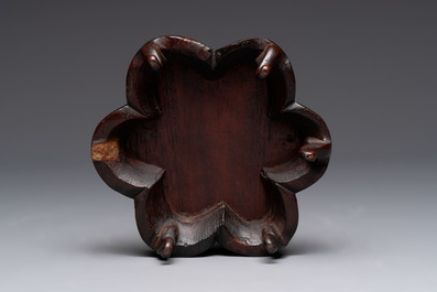A pair of Chinese polychrome 'persimmons' groups on wooden stands, 19th C.