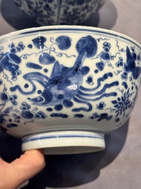 A Chinese blue and white 'floral 'bowl and an 'aquatic animals' bowl, Kangxi