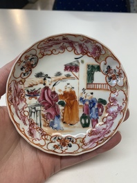 Eight Chinese Canton famille rose cups, 14 saucers and a teapot, Qianlong