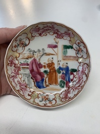 Eight Chinese Canton famille rose cups, 14 saucers and a teapot, Qianlong