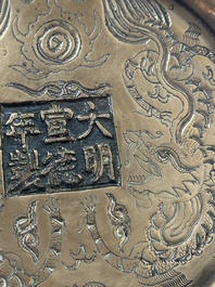 A large Chinese bronze 'Eight Immortals' censer and stand, Xuande mark, 19th C.
